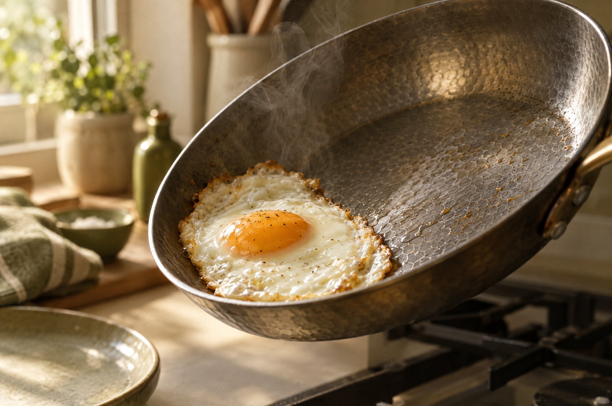 The same egg in a warm titanium pan. Nothing on top of the metal is doing the work. (Chez Martin)